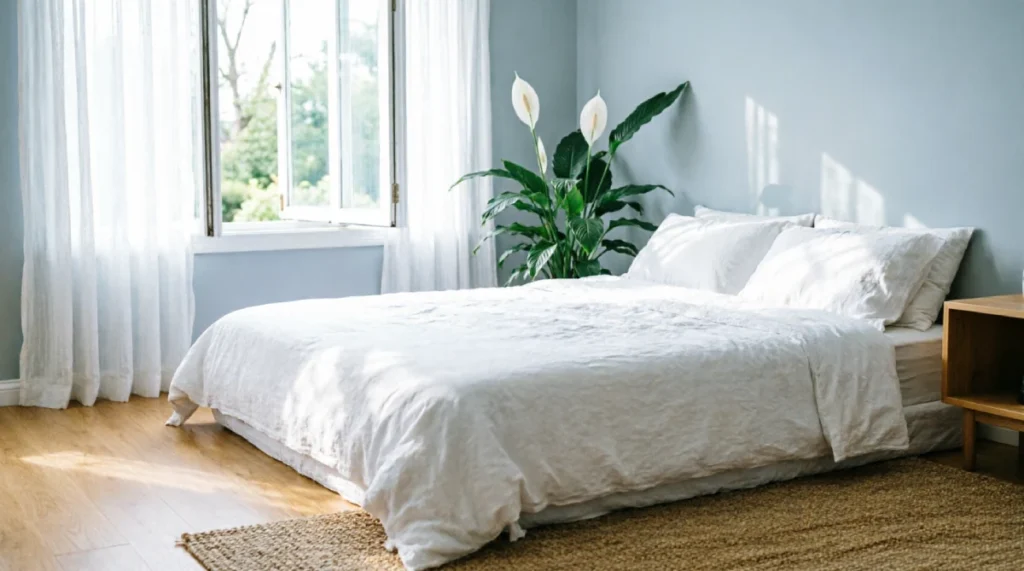 Summer bedroom with white linen bedding, open window with sheer curtains, peace lily plant, pale blue walls, and natural morning light creating a cool, breathable sleep space