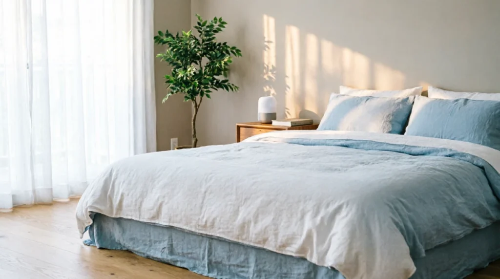 10 Easy Summer Bedroom Upgrades That Improve Sleep Serene summer bedroom with breathable white and pale blue linen bedding, sheer curtains filtering natural light, wooden nightstand with white noise machine and book, potted plant, cool neutral palette for restful sleep during warm weather