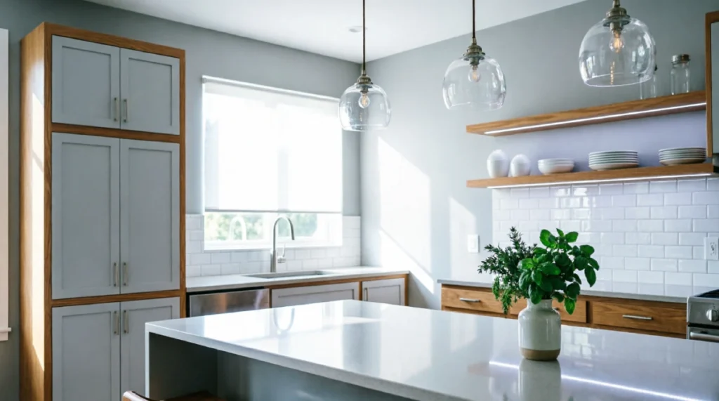 Modern summer kitchen with cool white 4000K LED lighting, clear glass pendant fixtures over island, under-cabinet LED strips illuminating quartz countertops, open shelving with integrated lights, sheer solar shades on window, glossy white subway backsplash reflecting natural daylight, fresh basil plant on counter