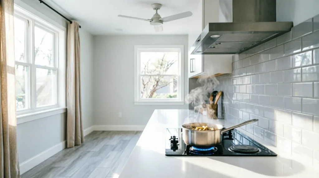 Modern kitchen with stainless steel range hood and white quartz countertops showing active cooking with natural ventilation from open windows and ceiling fan for summer heat management