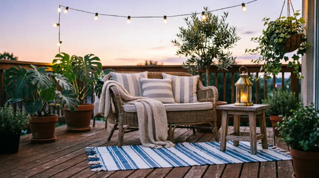 Twilight patio deck with warm string lights overhead, weathered wicker loveseat with striped cushions and chunky knit throw, blue-and-white outdoor rug, brass lantern on rustic side table, potted monstera and olive trees creating green corners, wooden deck boards, soft dusk sky