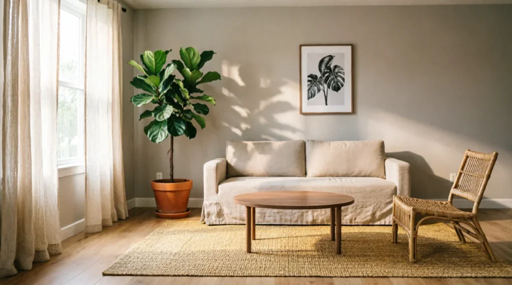 Bright living room featuring cream linen slipcovered sofa, flowing sheer curtains, natural jute area rug, potted fiddle leaf fig, and woven rattan accent chair bathed in soft natural light