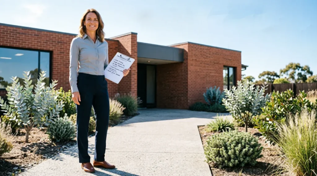 New homeowner holding a maintenance checklist outside a modern brick home