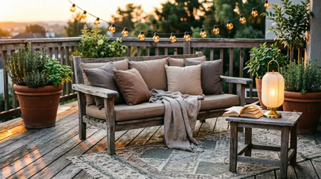 13 Summer Outdoor Decor Ideas That Feel Fresh and Inviting Weathered wooden outdoor sofa with layered taupe cushions and linen throw on deck, amber string lights overhead at dusk, terracotta planters with herbs, patterned outdoor rug, paper lantern on side table with open book
