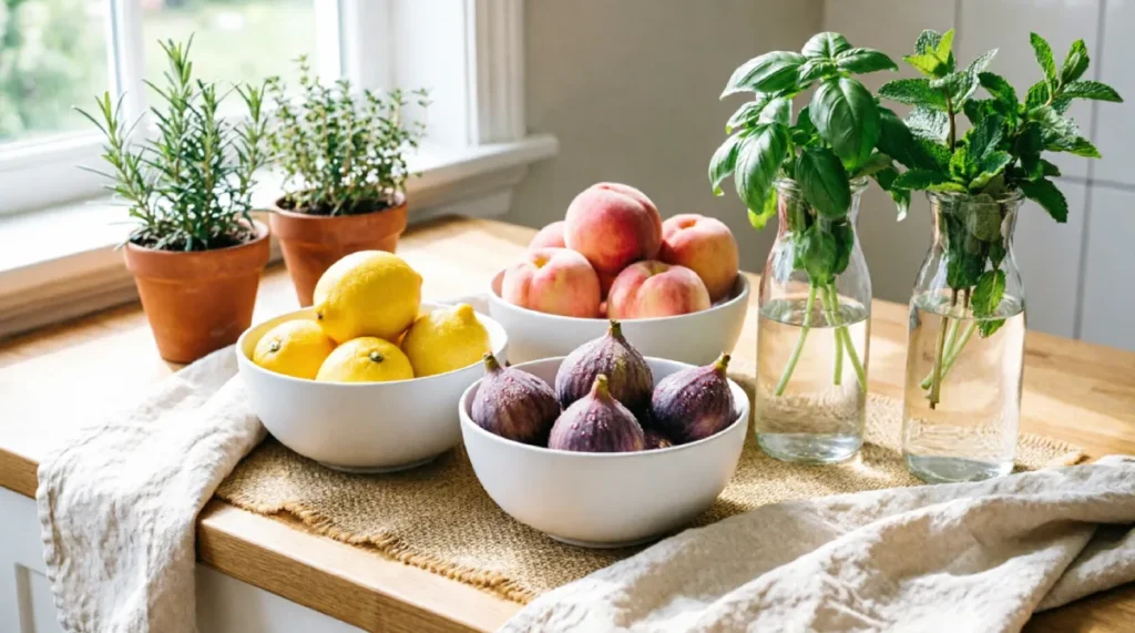 Summer kitchen counter styled with white ceramic bowls of lemons, peaches, and figs alongside fresh basil and mint in glass jars, terracotta herb pots, cream linen napkins, and jute runner on wooden surface near window