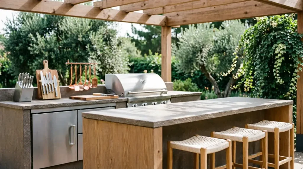 Outdoor kitchen featuring built-in stainless steel grill, concrete countertops, wooden pergola structure, and bar seating with woven stools. Prep area includes hanging copper utensils, knife block, and cutting board surrounded by garden greenery.