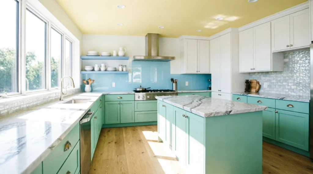 Kitchen with mint green lower cabinets, white uppers, sky blue glass backsplash, pale yellow ceiling, and marble countertops bathed in natural sunlight for summer cooling