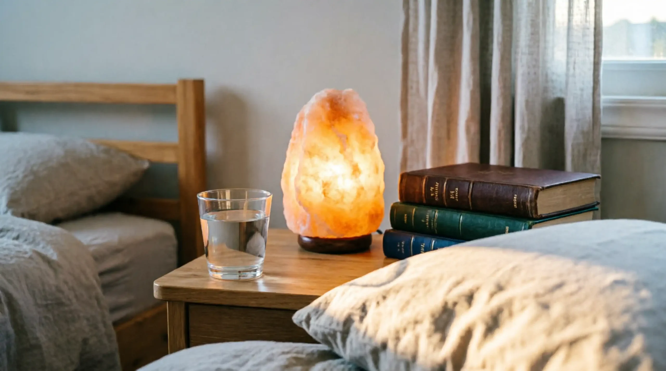 Himalayan salt lamp casting a warm, dim glow perfect for a summer bedroom