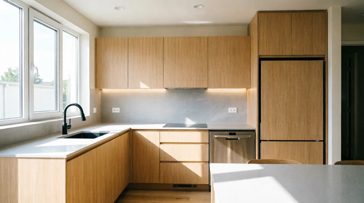 Modern summer kitchen with paneled refrigerator and dishwasher integrated into light wood cabinetry