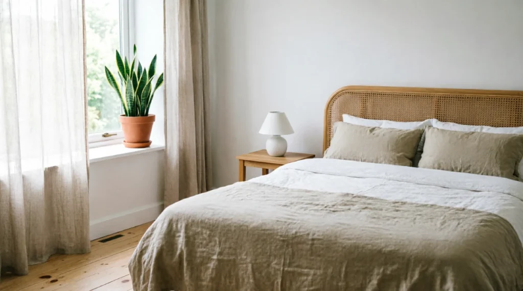 Minimal summer bedroom with oatmeal linen bedding, rattan headboard, sheer curtains filtering morning light, snake plant on windowsill, bare wood floors, ceramic lamp on nightstand