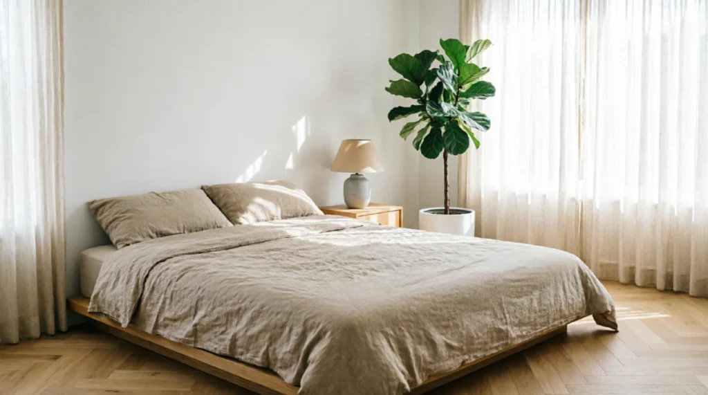 Modern summer bedroom with oat-colored linen bedding on low platform bed, sheer ivory curtains filtering morning light, fiddle-leaf fig plant, pale oak floors, and minimal decor creating breathable neutral interior