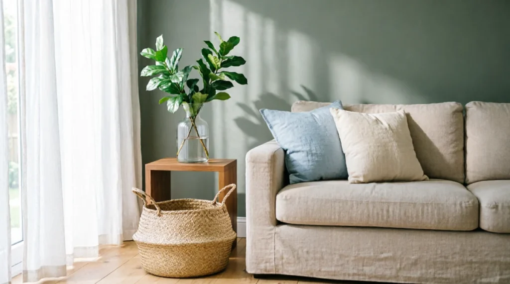 Summer living room with sheer cotton curtains, beige linen sofa with blue and cream cushions, sage green accent wall, seagrass basket, and fresh green branches in glass vase