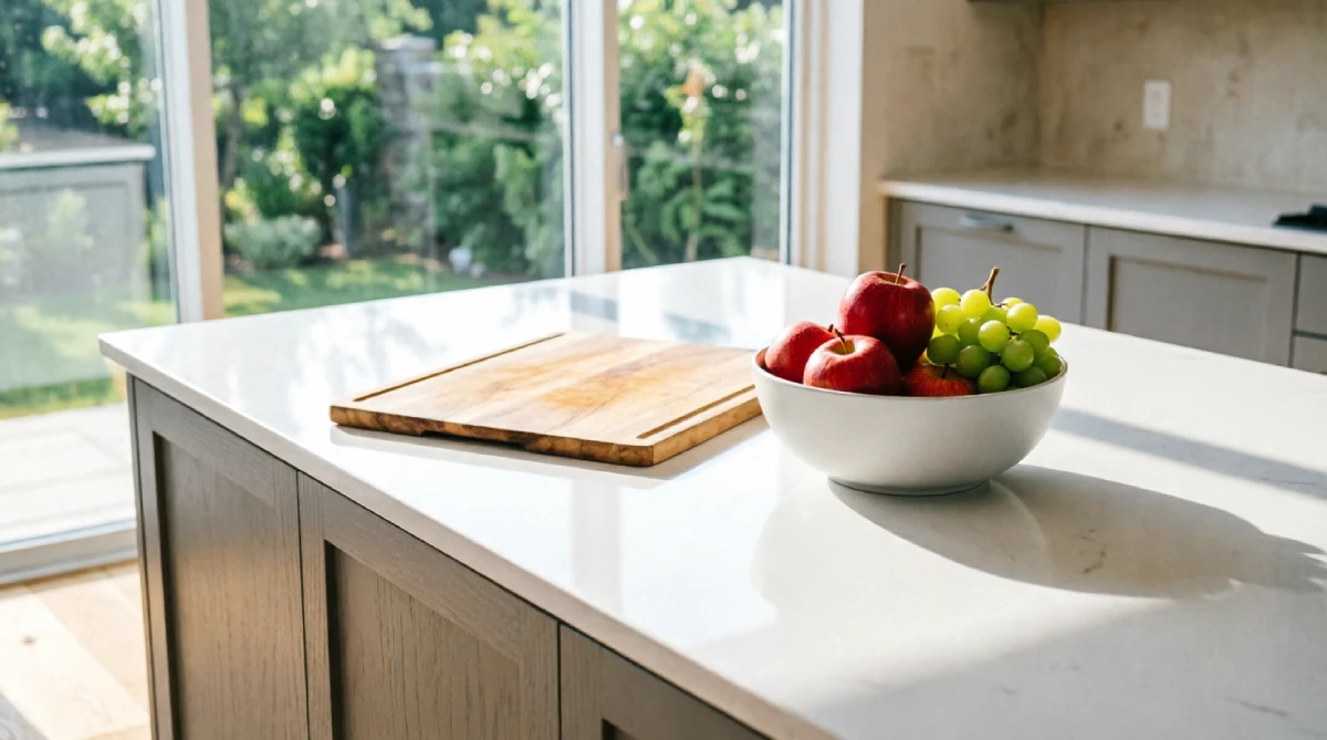 White quartz countertops reflecting sunlight instead of absorbing heat in summer kitchen 