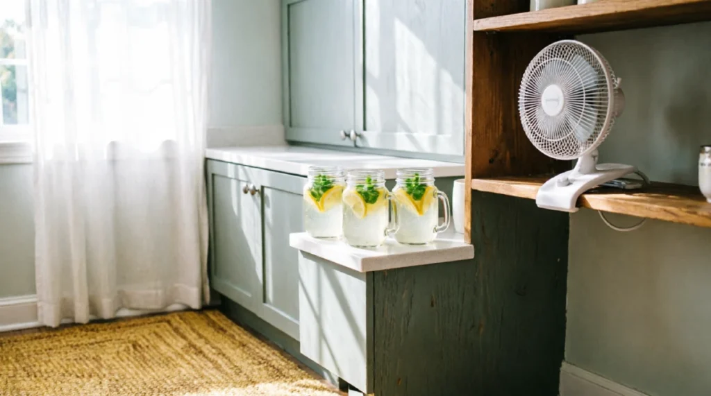 Kitchen with sage green cabinets, cotton curtains, rechargeable clip fan, mason jar cold drinks with citrus, woven jute floor rug, soft daylight - practical low-cost heat reduction methods