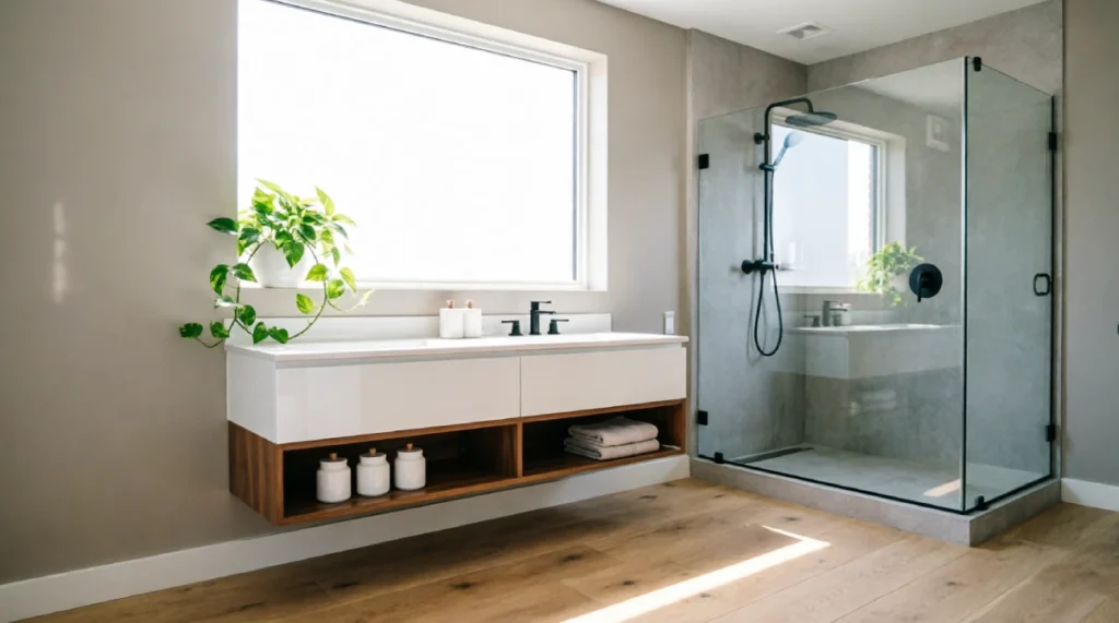 12 Summer Bathroom Layout Ideas That Improve Space Modern summer bathroom layout with white floating vanity, open walnut shelving, corner frameless glass shower enclosure, natural sunlight through large window, light wood flooring, and neutral walls creating open airy space