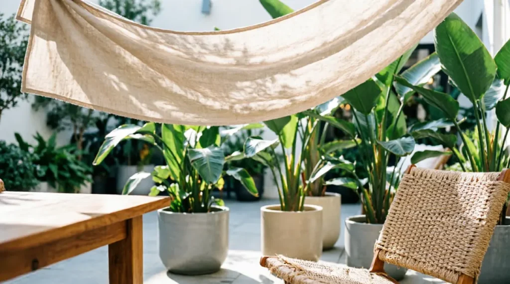 A sun-dappled patio featuring a light beige linen shade sail overhead and tall potted tropical plants, showcasing breathable outdoor cooling upgrades and natural shade solutions.