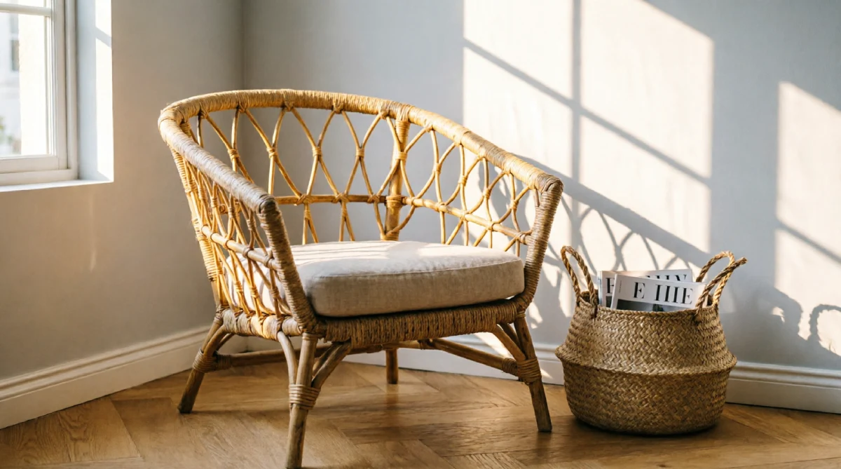 Natural rattan armchair adding woven texture to a light-filled summer living room