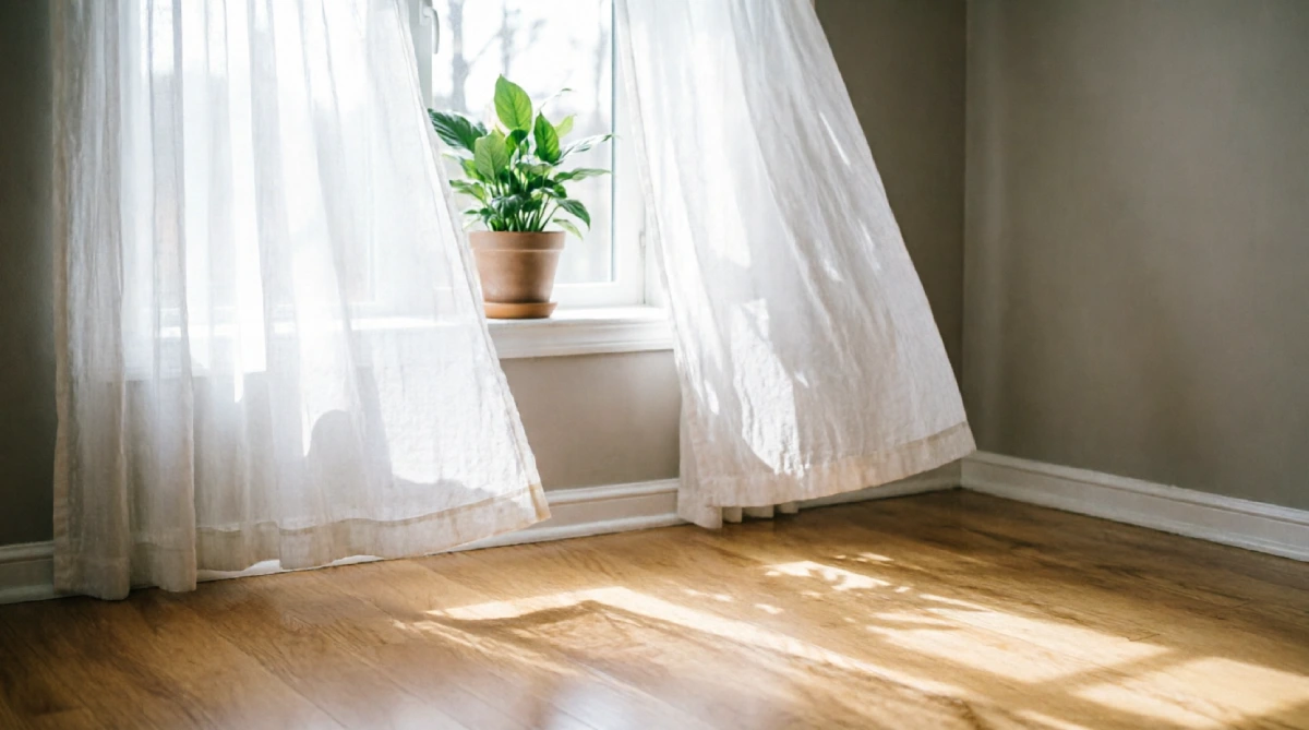 Sheer white cotton curtains at a living room window with natural summer light