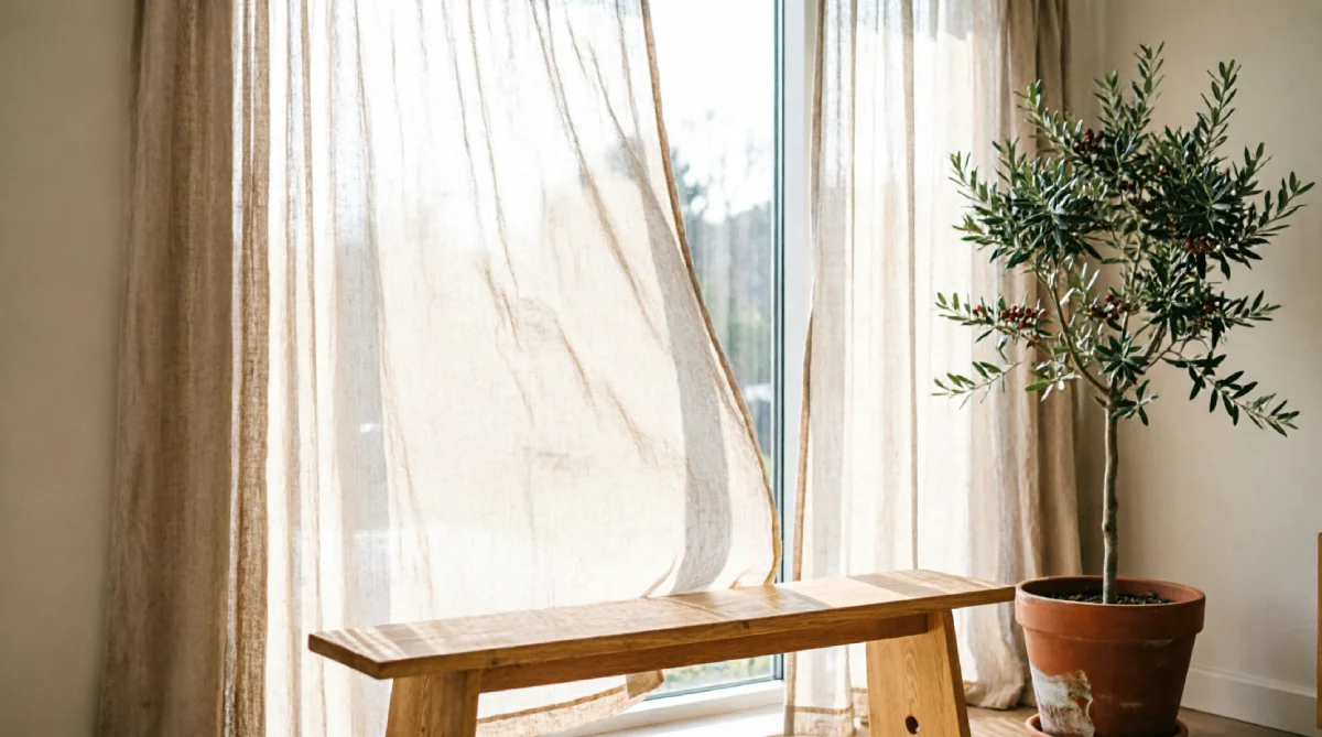 Sheer linen curtains in a modern summer living room letting in diffused light