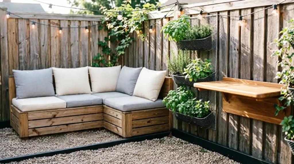 Compact backyard patio with L-shaped cedar daybed, fold-down wall bar, vertical wire herb planters on fence, gravel surface with steel edging, and bistro string lights creating functional outdoor living space