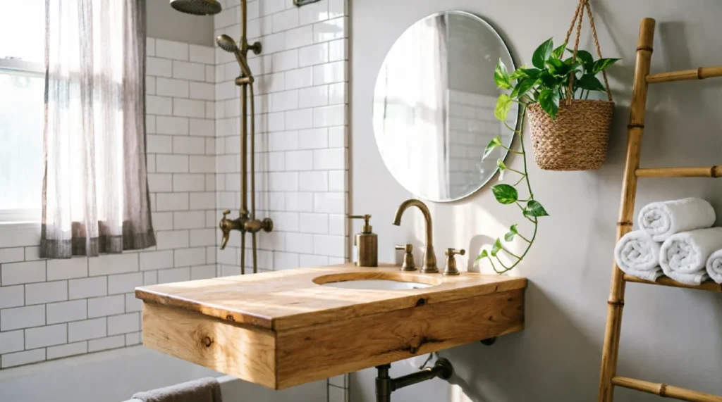 Compact bathroom featuring floating wood vanity, brushed brass faucet, trailing pothos plant in woven basket, bamboo ladder shelf with rolled towels, white subway tile shower, and sheer curtains filtering summer morning light