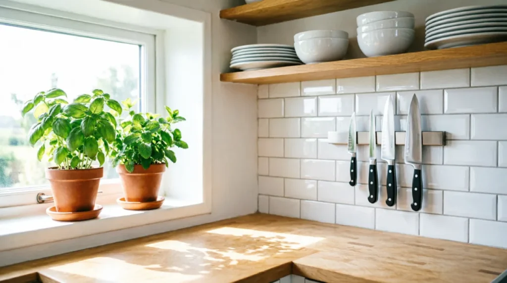 Compact summer kitchen corner featuring open oak shelving with white dishware, fresh basil and mint herbs in terracotta pots on windowsill, magnetic knife strip mounted on glossy white subway tile backsplash, light birch countertop with natural daylight