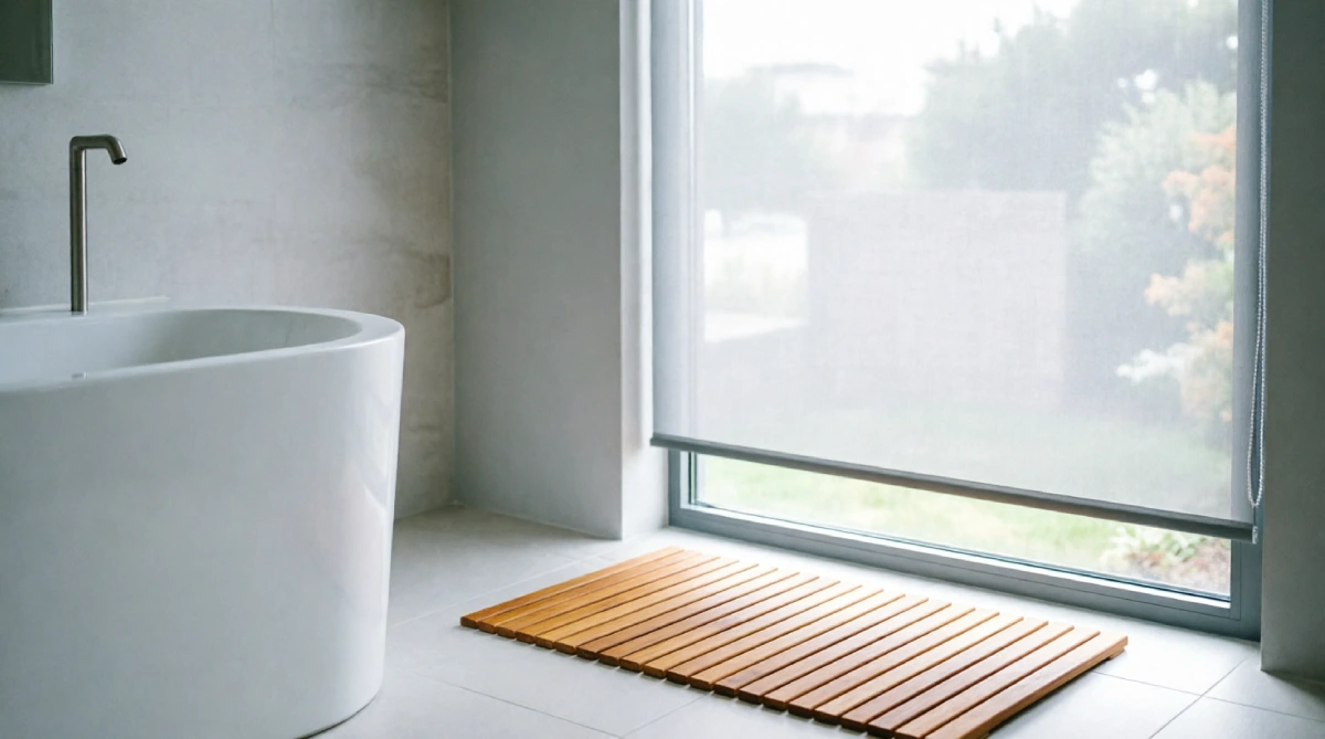 Light grey solar roller shade filtering strong sunlight in a modern bathroom