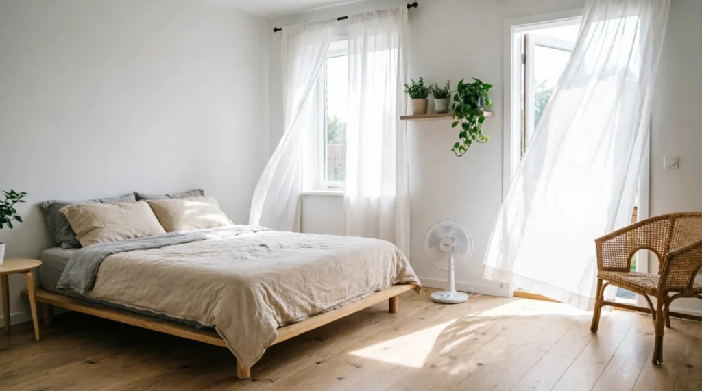 12 Summer Bedroom Layout Ideas That Improve Comfort Low wooden platform bed positioned against interior wall with cross-ventilation from open window and door, sheer curtains catching breeze, white pedestal fan, exposed light wood floors, minimal summer bedroom layout for natural cooling