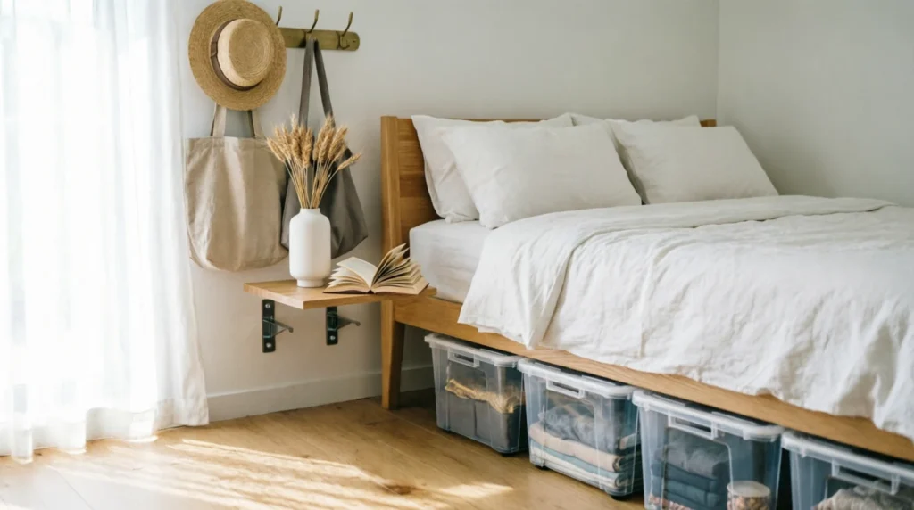 Summer bedroom with clear rolling storage bins under wooden bed frame, floating nightstand shelf, brass wall hooks holding straw sunhat and linen tote, white linen bedding, sheer curtains, natural morning light
