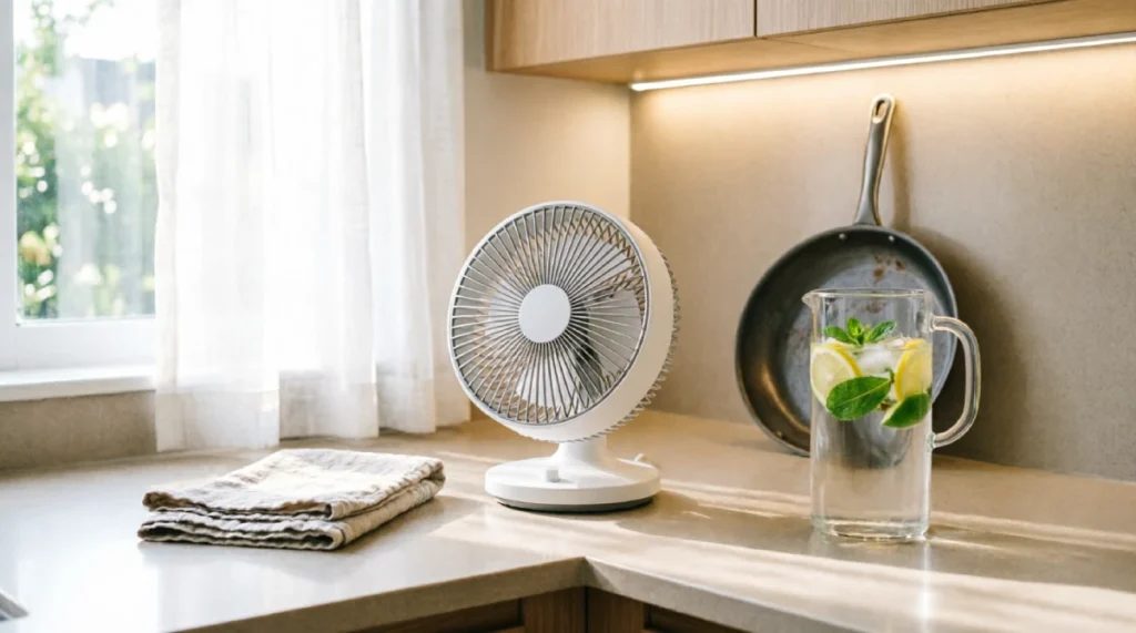 Kitchen counter with white portable fan, carbon steel pan, linen towel, and pitcher of ice water with lemon and mint near window with sheer curtains and LED under-cabinet lighting for summer cooking comfort