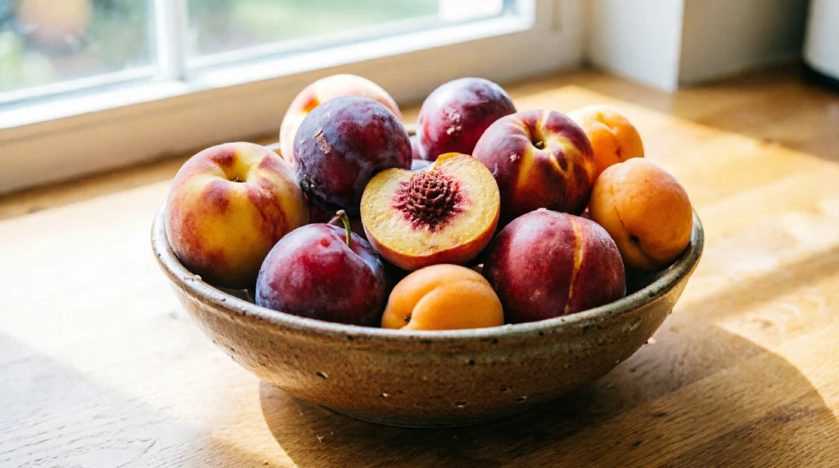 Bowl of fresh summer fruit styled as a simple kitchen centerpiece