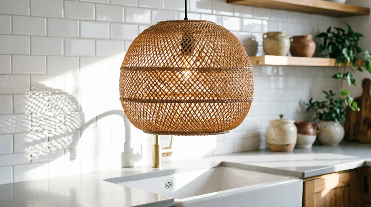 Natural rattan pendant light adding airy texture in a bright kitchen
