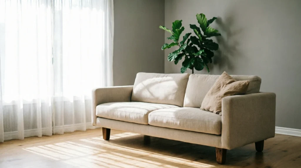 Beige linen sofa floated 12 inches from wall in summer living room with visible walking path behind, afternoon light through sheer curtains, fiddle leaf fig plant in corner, light hardwood floors
