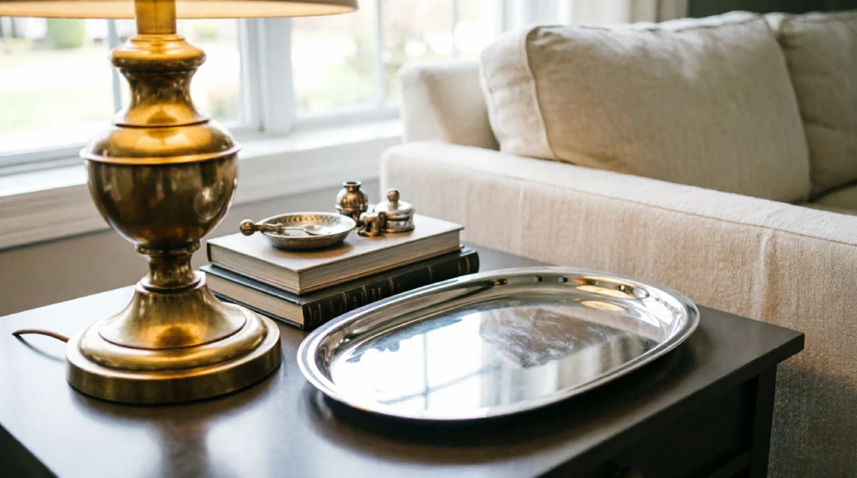 Metallic lamp base and decor reflecting light in a bright living room