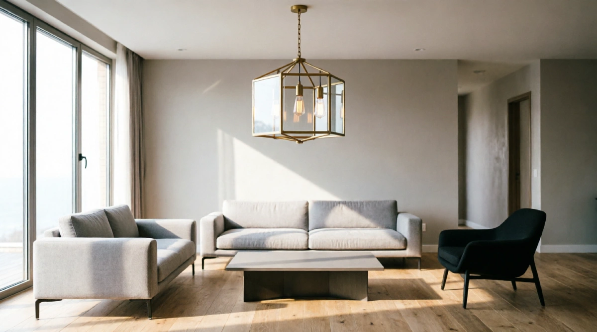Open pendant light creating an airy focal point in a summer living room