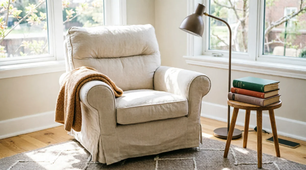 Adjustable task light illuminating a reading chair in a sunlit living room
