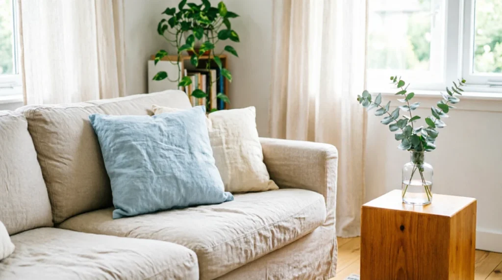 Summer living room refresh with washed linen pillow covers in pale blue and cream on beige sofa, sheer cotton curtains at window, fresh eucalyptus stems in glass vase on raw wood side table, trailing pothos plant, natural morning light through airy space