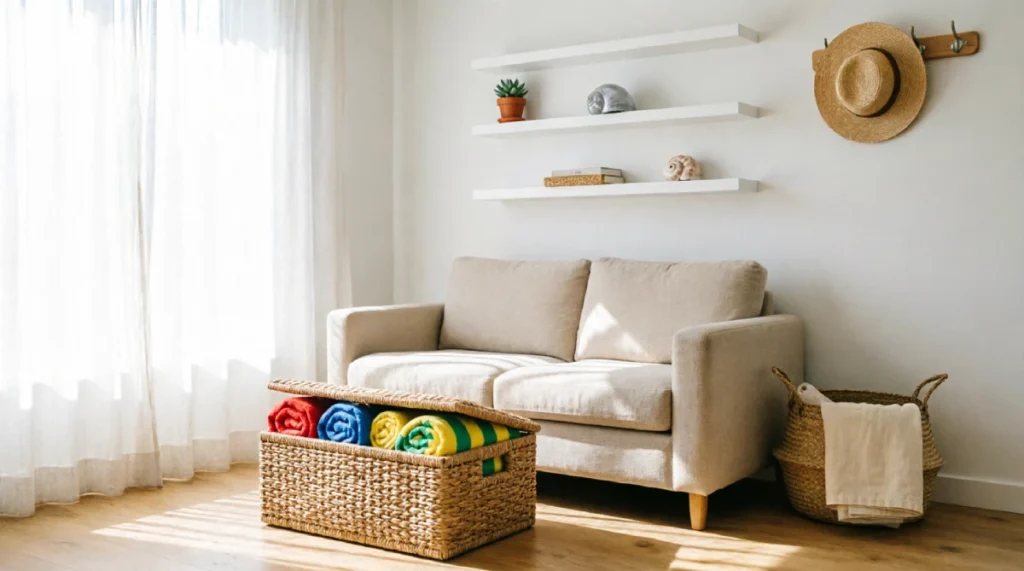 Light linen sofa with open rattan storage ottoman holding rolled beach towels, woven basket with cream throw, floating shelves with succulent and shells, straw hat on wall hook, sunlit living room with natural textures