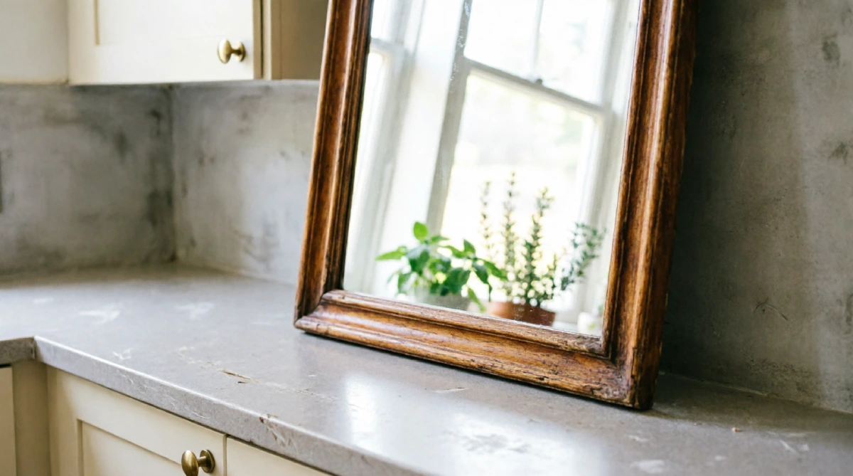 Vintage mirror reflecting natural light in a bright summer kitchen.