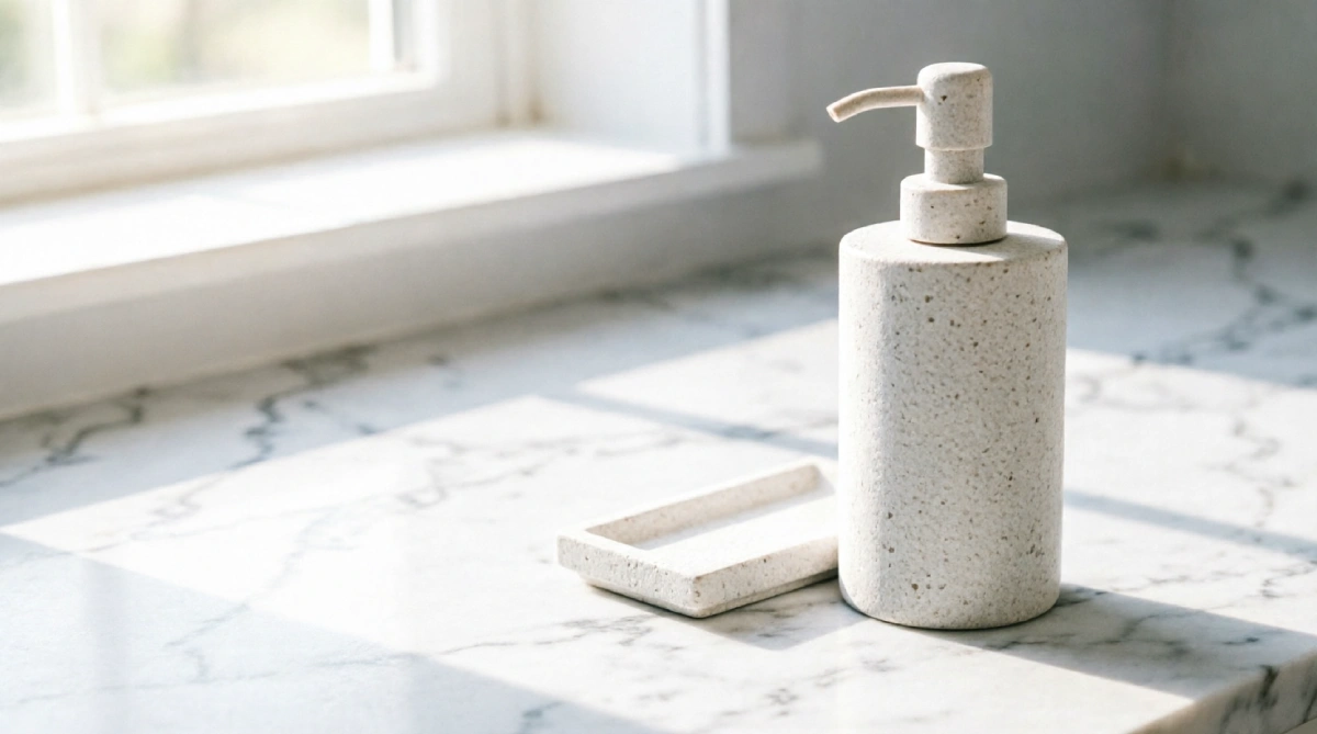 Terrazzo bathroom accessories on a counter creating a cool modern summer look