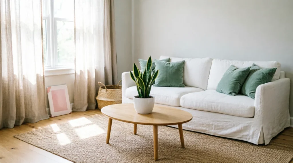 Modern summer living room with white linen slipcovered sofa, seafoam green pillows, sheer curtains, jute rug, snake plant on oak coffee table, natural daylight