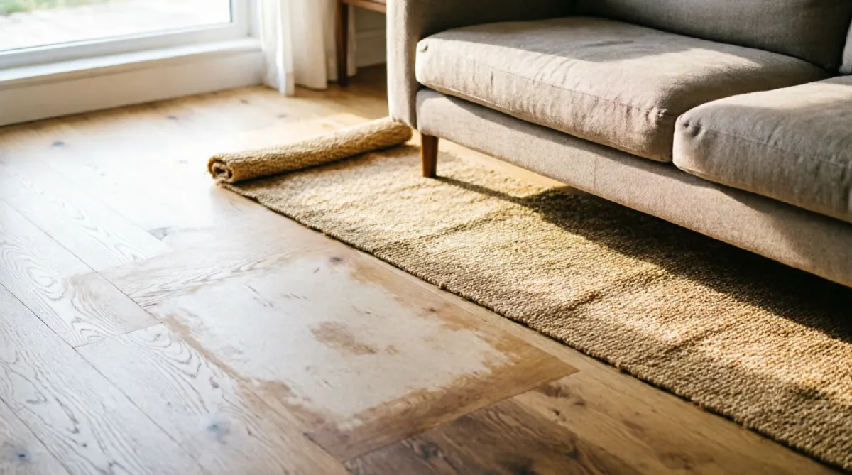 Bare hardwood floors in a summer living room with a small jute runner