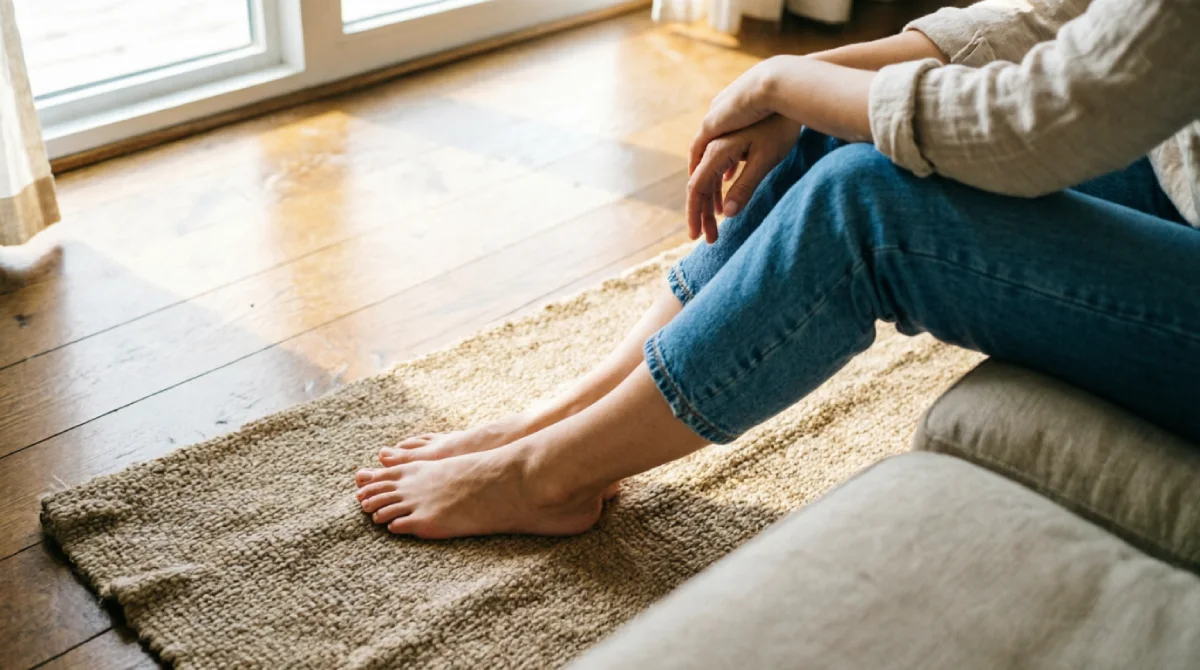 Barefoot-friendly wooden floor with a soft cotton rug in a relaxed summer living room