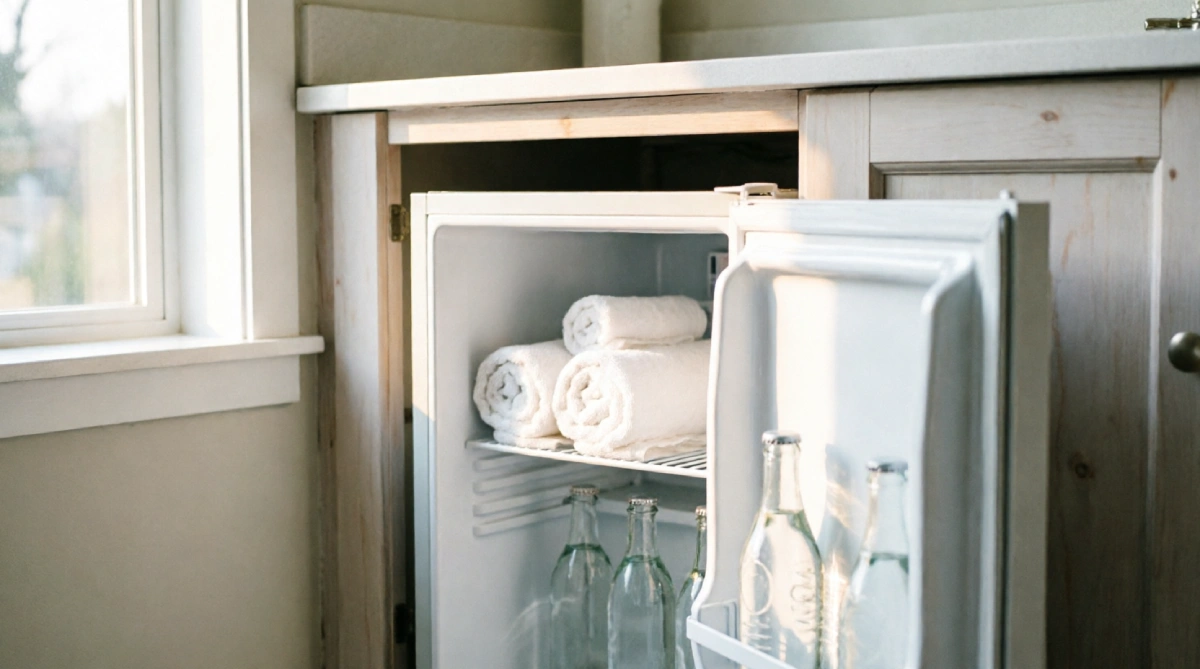 Small under-counter beverage fridge in bathroom storing chilled towels and drinks