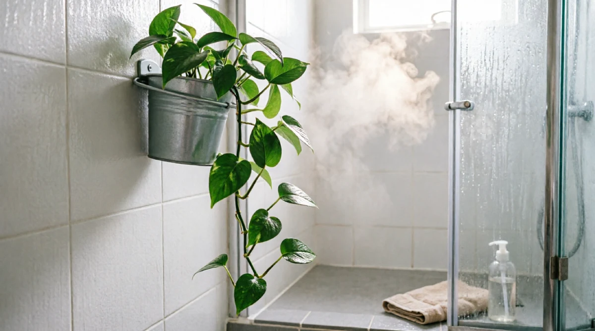 Wall-mounted trailing plant in a small summer bathroom, adding life without using counter space.