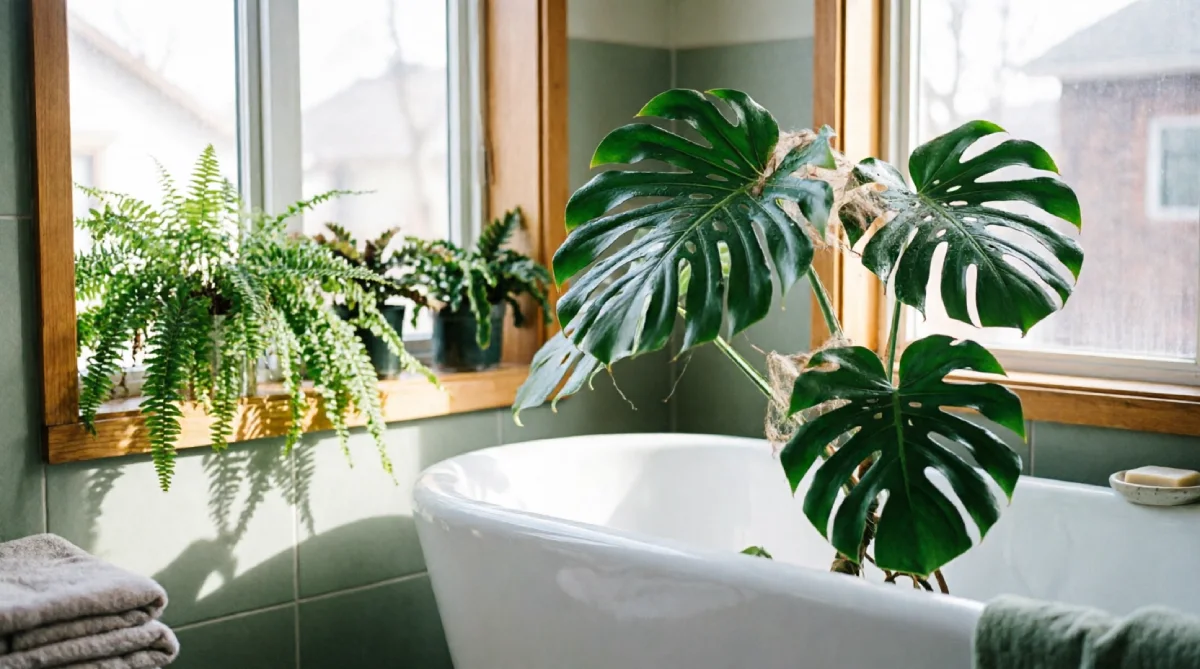 Large monstera plant and small ferns creating natural cooling in a bright bathroom
