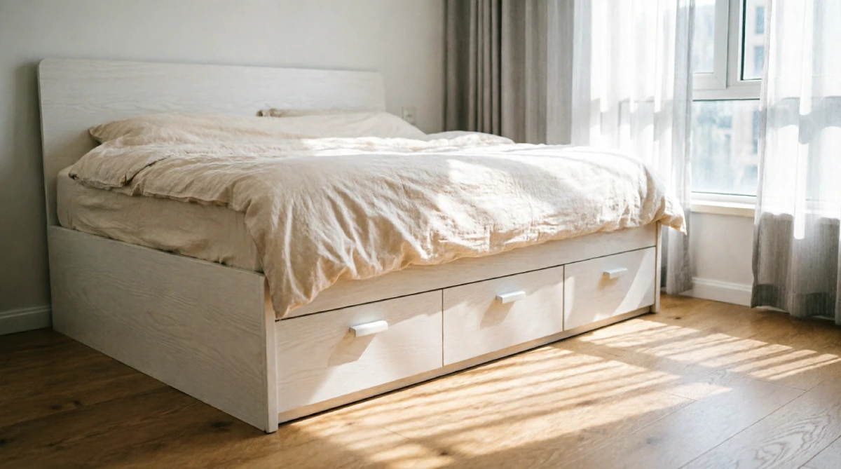 Bed with built-in storage drawers in a small summer bedroom, maximizing under-bed space.