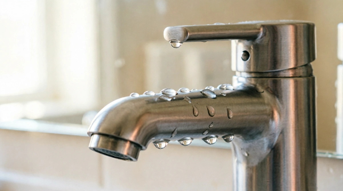 Brushed nickel bathroom faucet reflecting light and staying cool to touch