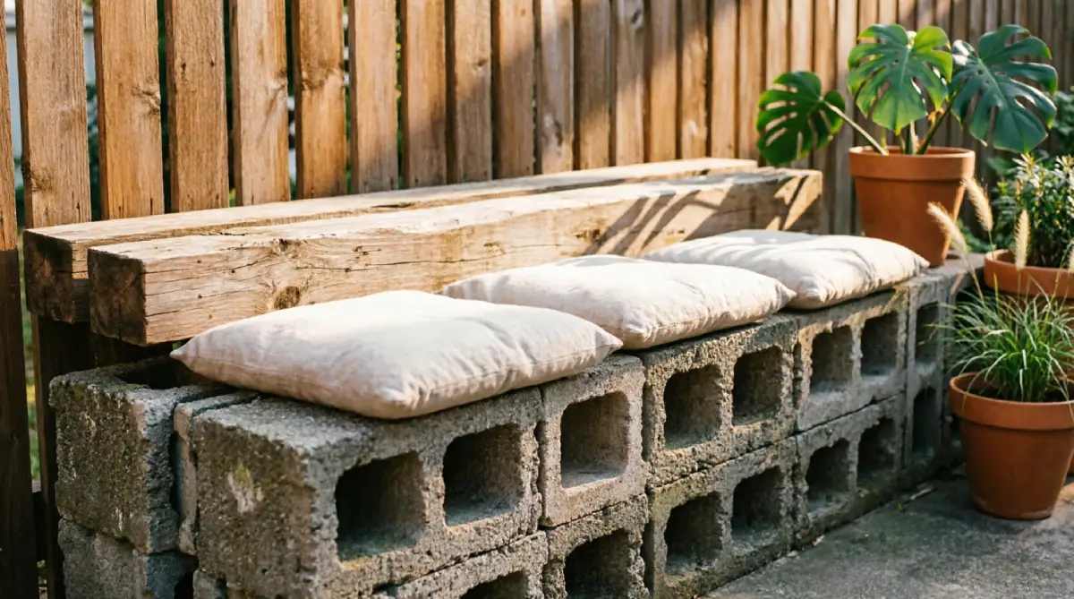 DIY bench made from cinder blocks and wood posts with outdoor cushions