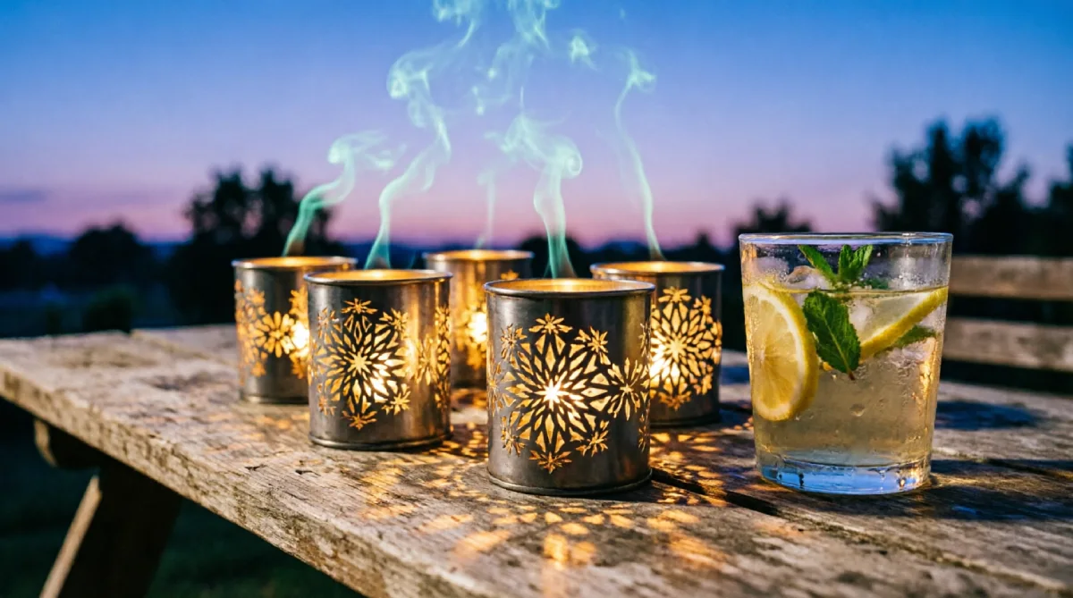 Tin can citronella candle holders with punched patterns glowing on a patio table